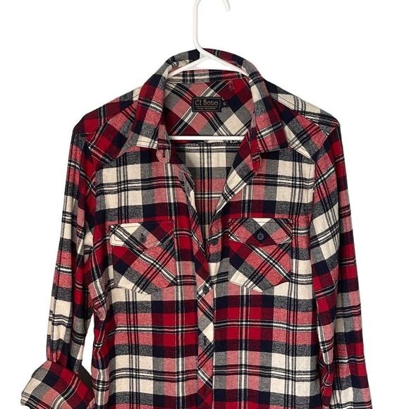 Ci Sono Womens Button Down Shirt Long Sleeve Top Plaid Pocket Size Small Red - Picture 2 of 7